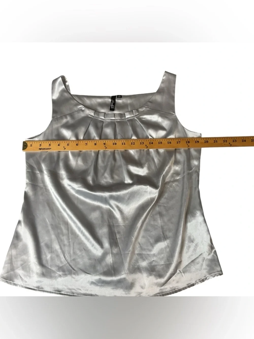 Essentials Sleeveless Satin Pleated Neck Shell Top - metallic Silver L - Picture 11 of 12